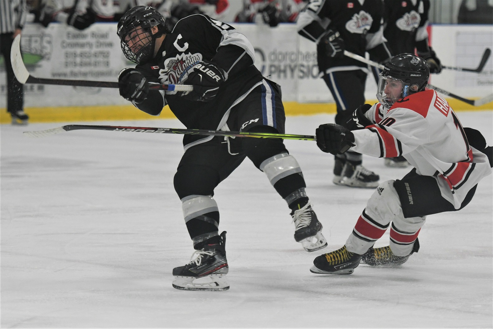 Dorchester Dolphins' captain Braidon Duncam wires a shot that found the back of the Port Stanley Sailors' net during Provincial Junior Hockey at Dorchester. The Dolphins won 4-1. <i> (photo / Rob J. Ross) </i> action