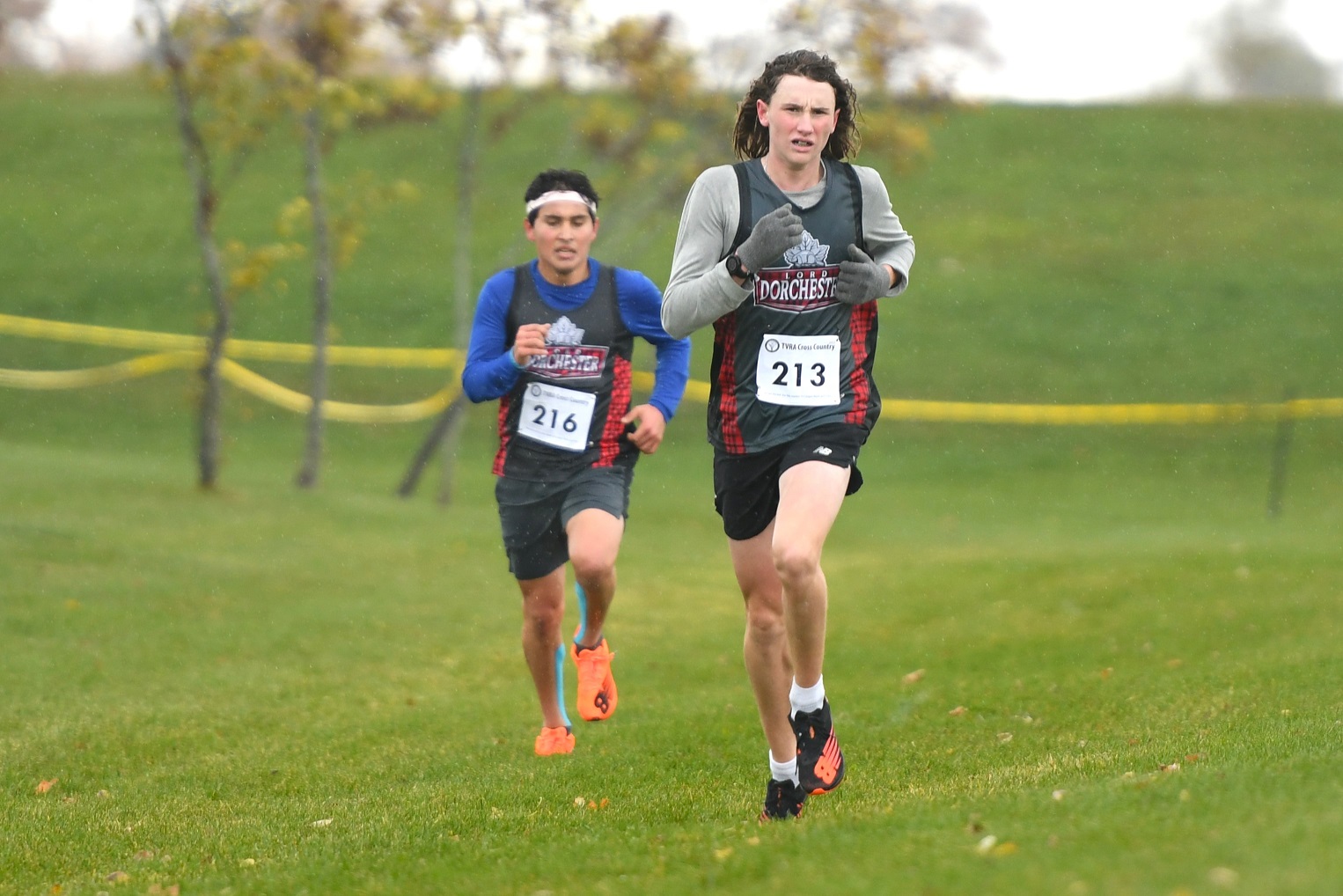 <i> Ryan Johnson, of the Lord Dorchester Beavers, leads teammate Fernando Medina, during the junior boys race, at the Thames Valley Regional Athletics (TVRA) Tri-County cross country championships, at the Gemini Sports Park, in Strathroy. <i> (photo / Rob J. Ross) </i> action